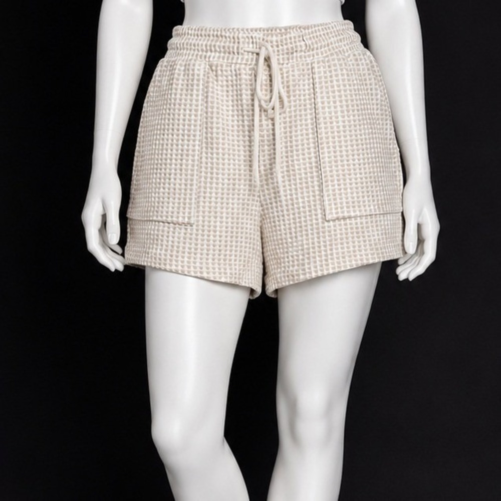 Lou & Grey Womens Shorts Beige White‎ Gingham Textured Drawstring M